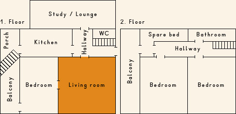 Grundriss 1. Stock Ferienhaus Casa Cadruvi Giraniga Obersaxen Graubünden