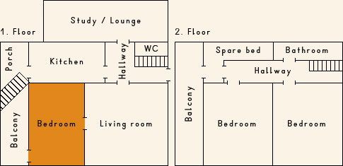 Grundriss 1. Stock Ferienhaus Casa Cadruvi Giraniga Obersaxen Graubünden