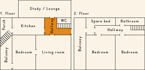 Grundriss 1. Stock Ferienhaus Casa Cadruvi Giraniga Obersaxen Graubünden